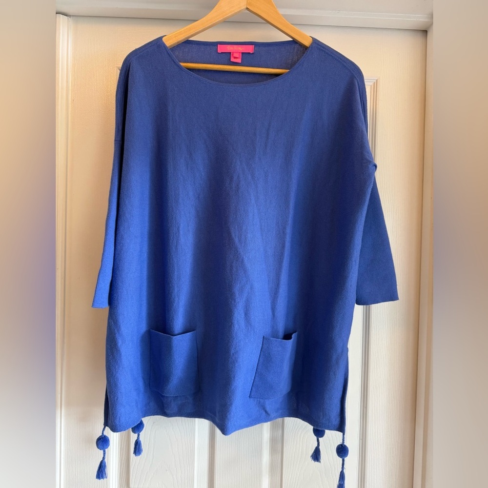 Lilly Pulitzer Sweater Women XS Blue Tassel Pom Pom Pocket Relaxed Knit Pullover